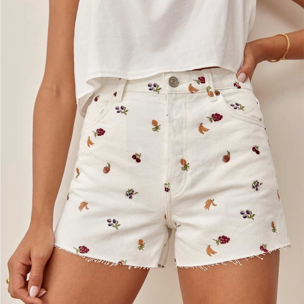 White Embroidered Fruit High-Rise Women’s Shorts